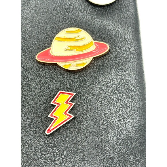 Stradivarius Wristlet‎ Accessory Zipper Bag Sewn Enamel Pins Blk Silver Hardware - Picture 12 of 16